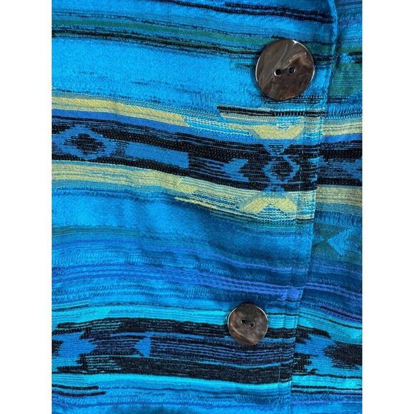CHICO'S royal blue teal silk blend unlined aztec southwestern jacket blazer 2 L - Picture 2 of 8
